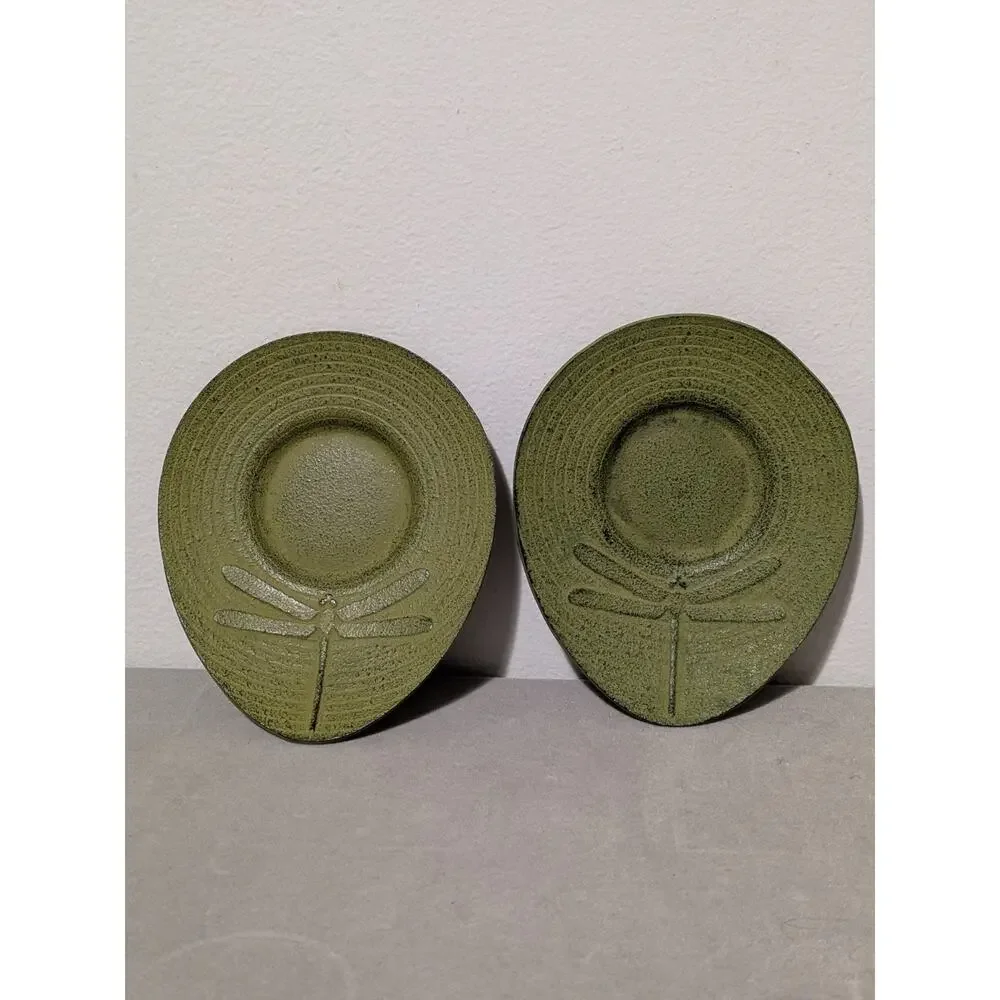 Set of 2 Teavana Green Dragonfly Cast Iron Teacup Coasters Saucers Japanese
